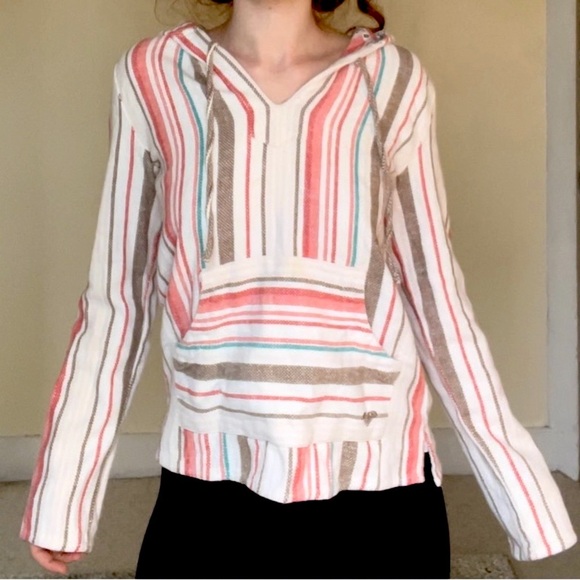 Roxy Tops - Roxy Multicolored Drawstring Long Sleeve Polo Sweatshirt With Pockets And Hood